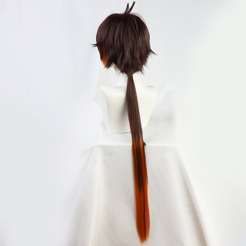 Genshin Impact Zhongli Wig Cosplay Straight Gradual Brown Orange Ponytail Heat Resistant Hair