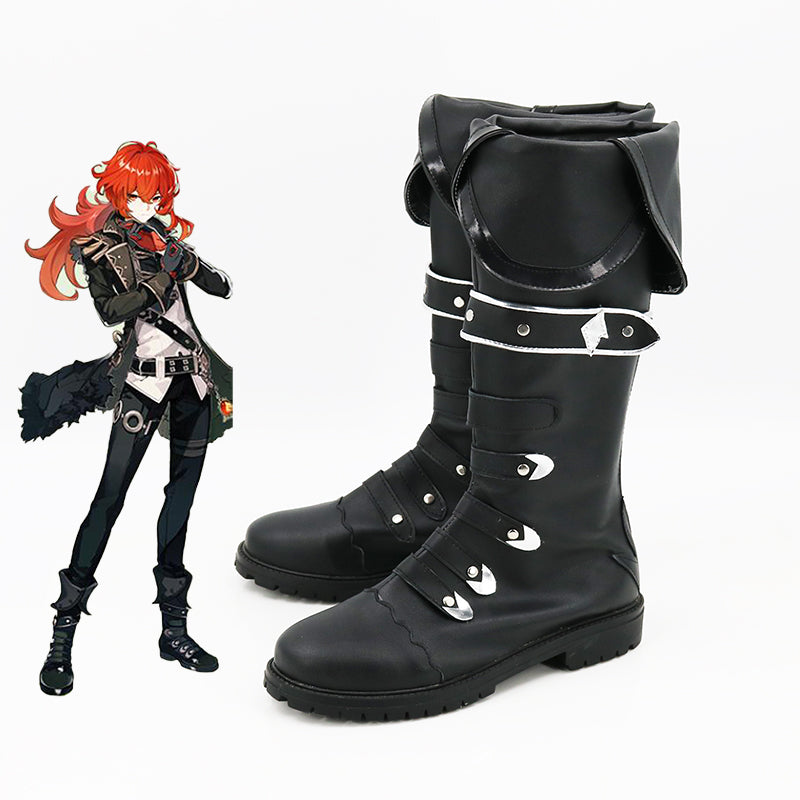 Genshin Impact Diluc Cosplay Black Boots Shoes Custom Made Adult Mens
