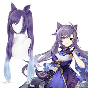 wig Game Genshin Impact Keqing Cosplay Wigs Ponytails Mixed Purple Cosplay Wig with Ears Heat Resistant Synthetic Hair