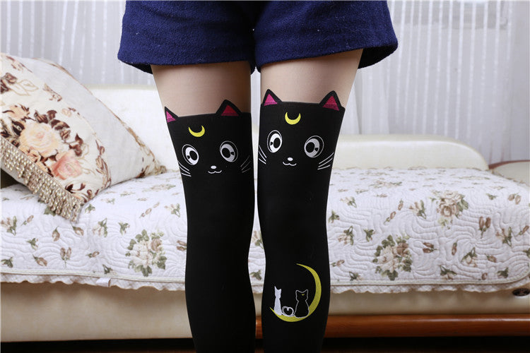 Cat Faux Thigh High Tights Plus Size