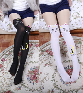 Fake Thigh High Tights Sailor Moon Cosplay 20th Anniversary Luna Cat Pattern Pantyhose Stockings