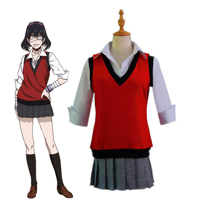 Kakegurui Compulsive Gambler Ikishima Midari School Uniform Sweater Vest Waistcoat Skirt Cosplay Costumes
