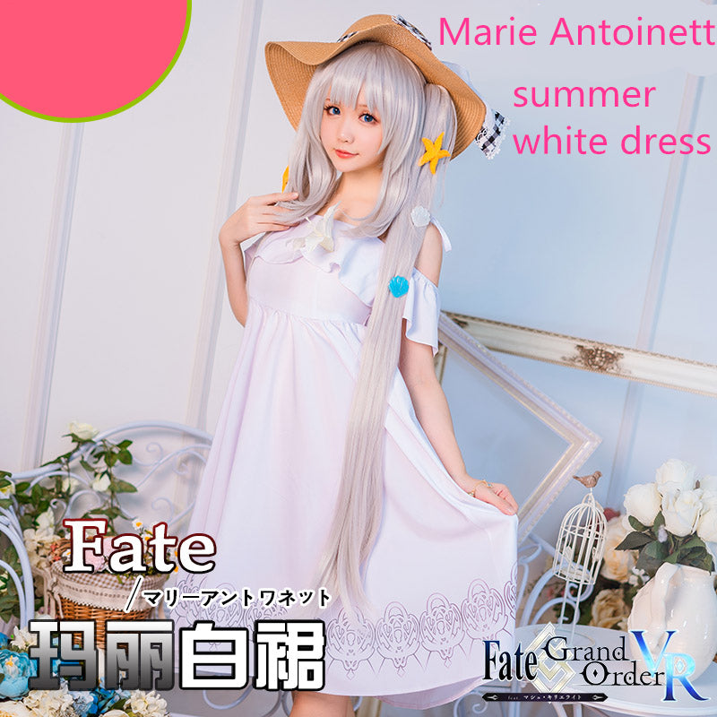 Fate Grand Order Cosplay Costume Caster Marie Antoinette White Beach Dress Joan of Arc  summer dress